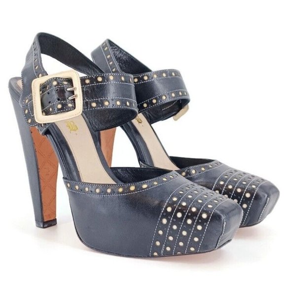 L.A.M.B. Shoes - L.A.M.B. 9 Black Leather Perforated Chunky Square Toe Platform Heels Rocker Goth